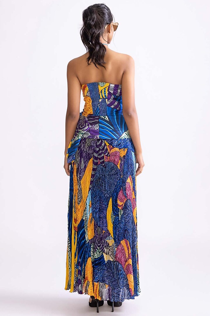 Blue & Multi-Colored Chiffon Hand Micro Pleated Daisy Printed Skirt Set by Saaksha & Kinni at Pernia's Pop Up Shop