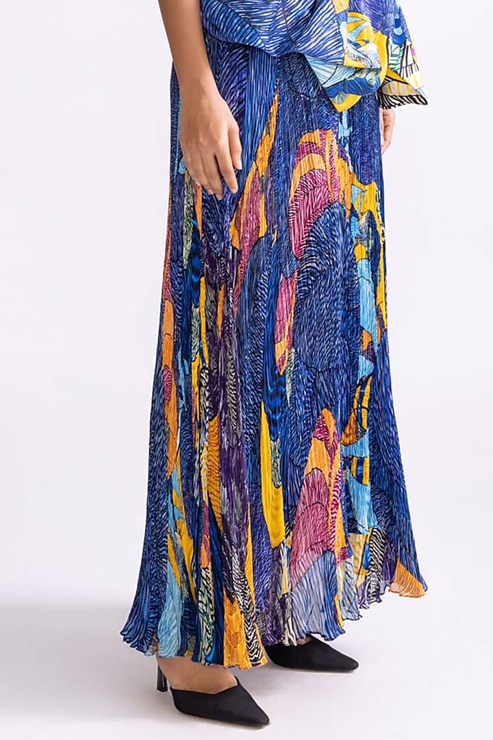 Blue & Multi-Colored Chiffon Hand Micro Pleated Daisy Printed Skirt Set by Saaksha & Kinni at Pernia's Pop Up Shop