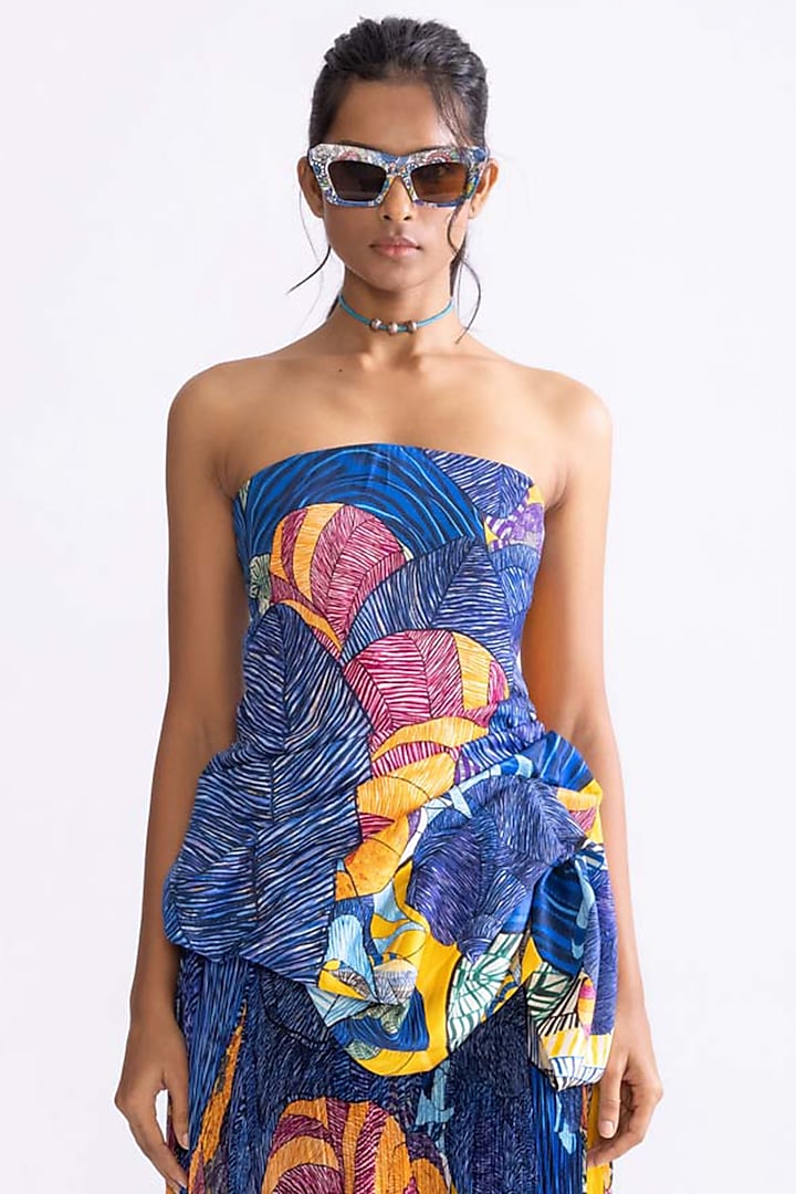 Blue & Multi-Colored Chiffon Hand Micro Pleated Daisy Printed Skirt Set by Saaksha & Kinni at Pernia's Pop Up Shop