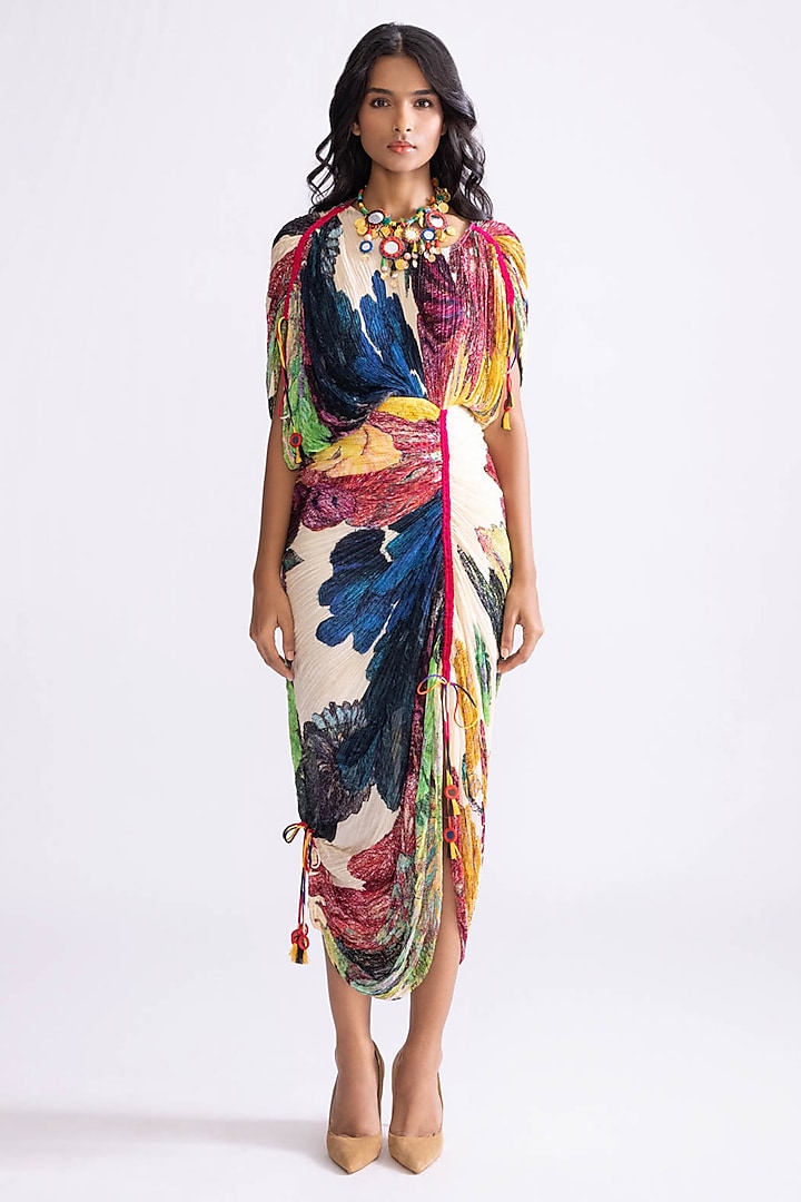 Multi-Colored Cotton Silk Daisy Printed Hand Micro Pleated Dress by Saaksha & Kinni at Pernia's Pop Up Shop