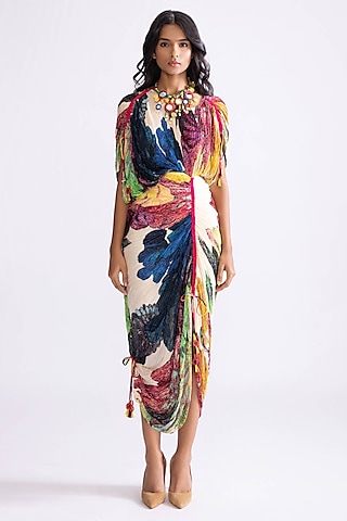 Multi-Colored Cotton Silk Daisy Printed Hand Micro Pleated Dress by Saaksha & Kinni