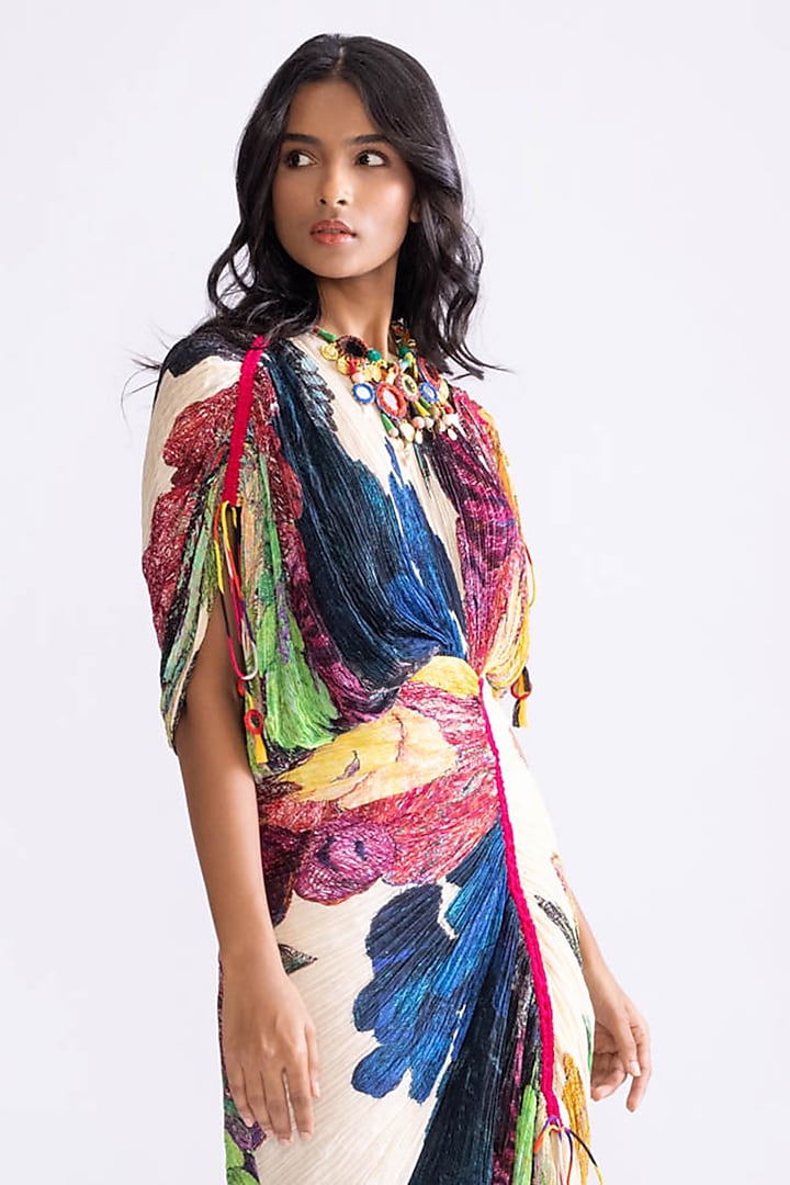 Multi-Colored Cotton Silk Daisy Printed Hand Micro Pleated Vacation Dress by Saaksha & Kinni at Pernia's Pop Up Shop