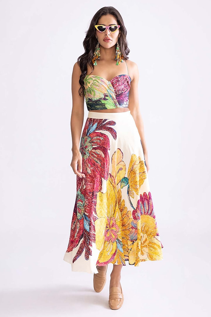 Ivory & Multi-Colored Habutai Daisy Printed Skirt Set by Saaksha & Kinni at Pernia's Pop Up Shop