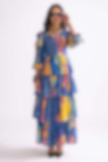 Blue & Multi-Colored Cambric Tribal Printed Tiered Vacation Dress by Saaksha & Kinni at Pernia's Pop Up Shop