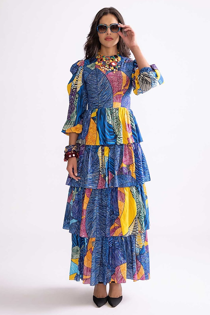 Blue & Multi-Colored Cambric Tribal Printed Tiered Vacation Dress by Saaksha & Kinni at Pernia's Pop Up Shop