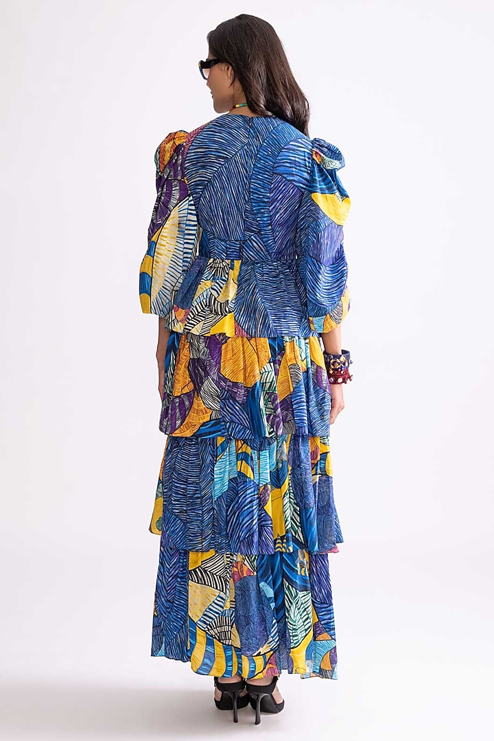 Blue & Multi-Colored Cambric Tribal Printed Tiered Vacation Dress by Saaksha & Kinni at Pernia's Pop Up Shop