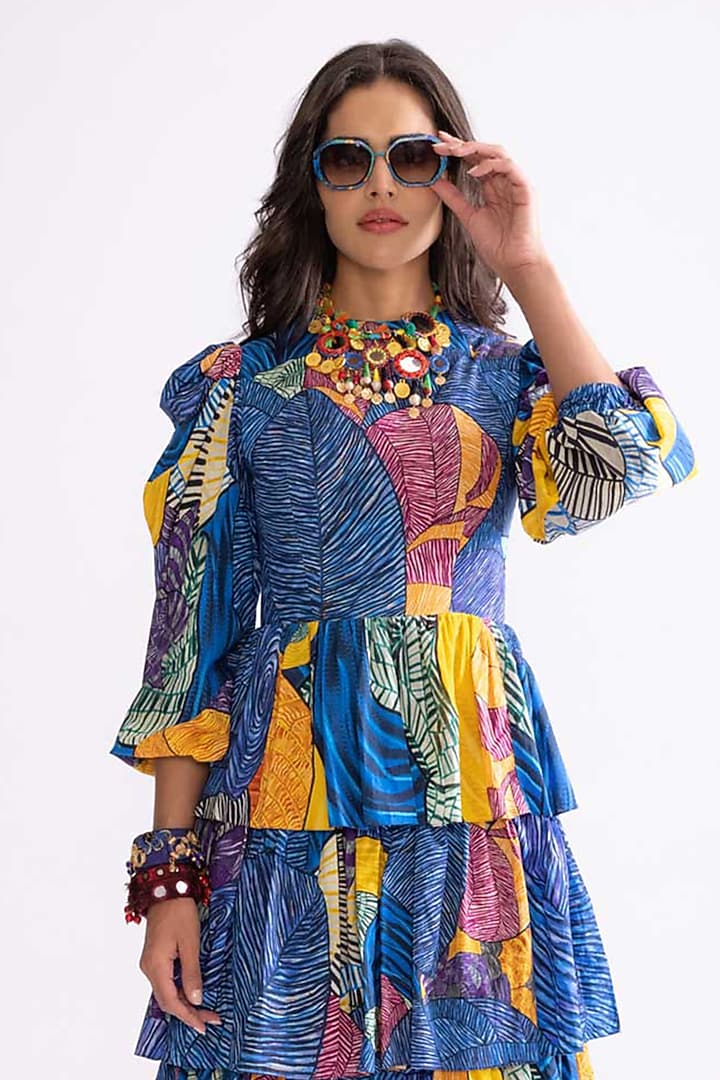 Blue & Multi-Colored Cambric Tribal Printed Tiered Vacation Dress by Saaksha & Kinni at Pernia's Pop Up Shop