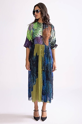 Multi-Colored Cotton Silk & Organza Daisy Printed Midi Dress by Saaksha & Kinni