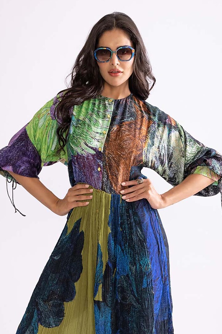 Multi-Colored Cotton Silk & Organza Daisy Printed Midi Vacation Dress by Saaksha & Kinni at Pernia's Pop Up Shop