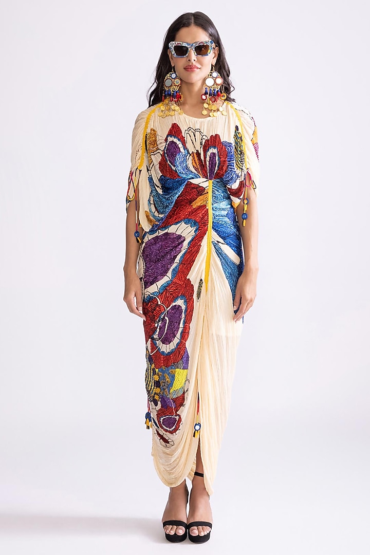 Multi-Colored Cotton Silk Tribal Printed Hand Micro Pleated Kaftan-Style Dress by Saaksha & Kinni at Pernia's Pop Up Shop