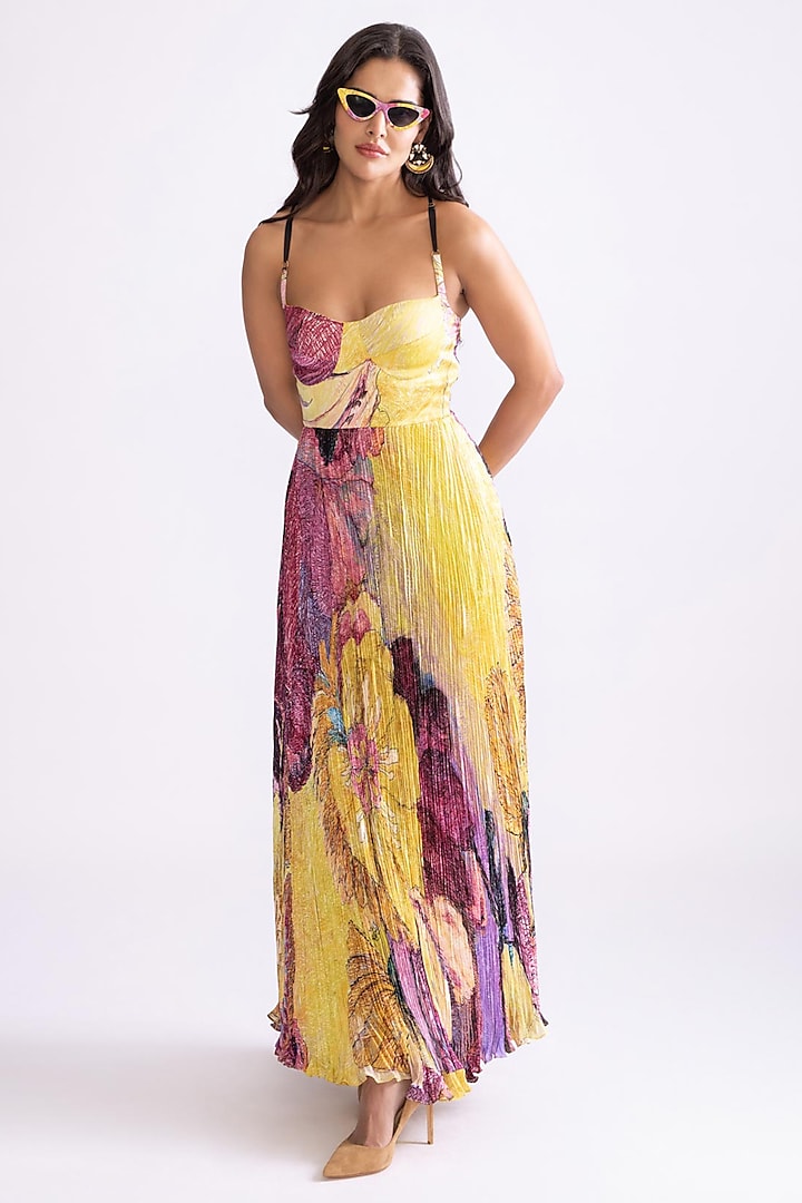 Yellow & Purple Habutai Daisy Printed Hand Micro Pleated Maxi Dress by Saaksha & Kinni at Pernia's Pop Up Shop