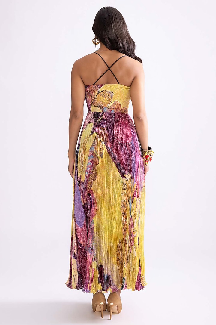 Yellow & Purple Habutai Daisy Printed Hand Micro Pleated Maxi Vacation Dress by Saaksha & Kinni at Pernia's Pop Up Shop