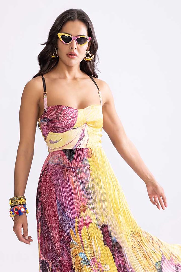 Yellow & Purple Habutai Daisy Printed Hand Micro Pleated Maxi Vacation Dress by Saaksha & Kinni at Pernia's Pop Up Shop