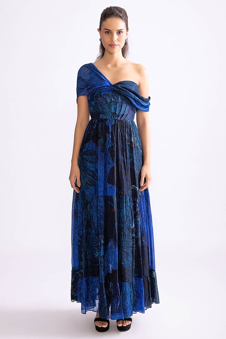 Blue Chiffon Daisy Printed Off-Shoulder Tiered Dress by Saaksha & Kinni