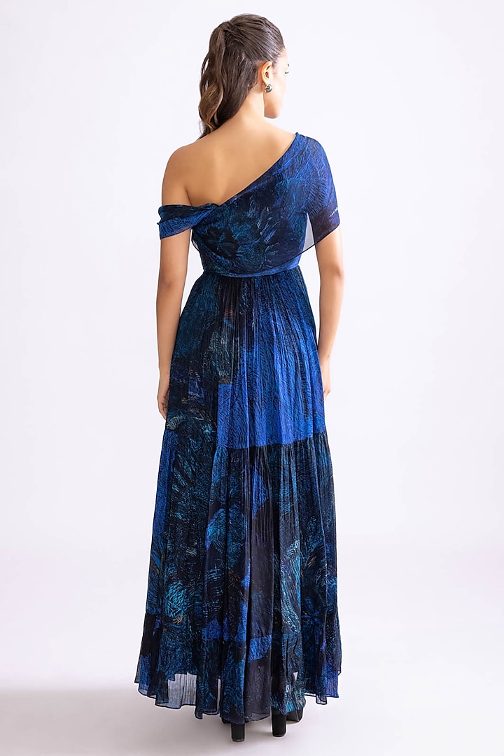 Blue Chiffon Daisy Printed Off-Shoulder Tiered Vacation Dress by Saaksha & Kinni at Pernia's Pop Up Shop