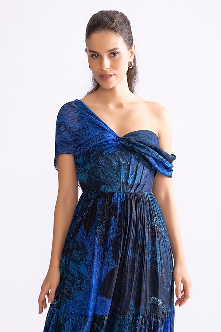 Blue Chiffon Daisy Printed Off-Shoulder Tiered Vacation Dress by Saaksha & Kinni at Pernia's Pop Up Shop