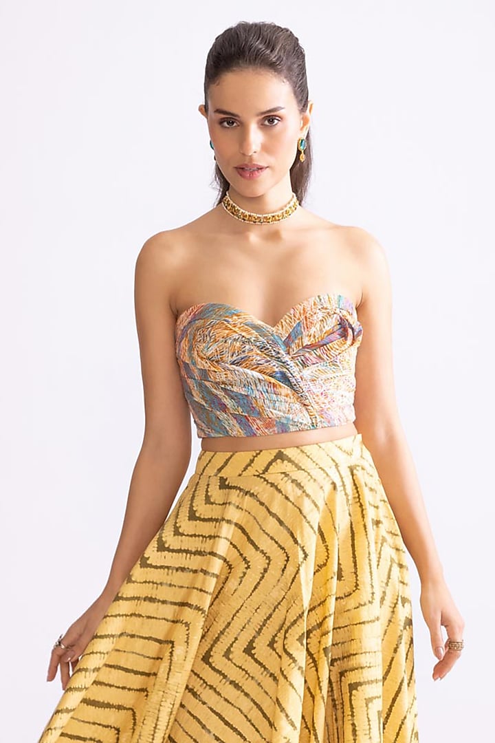 Yellow & Multi-Colored Cambric Zig-Zag Printed Flared Skirt Set by Saaksha & Kinni at Pernia's Pop Up Shop