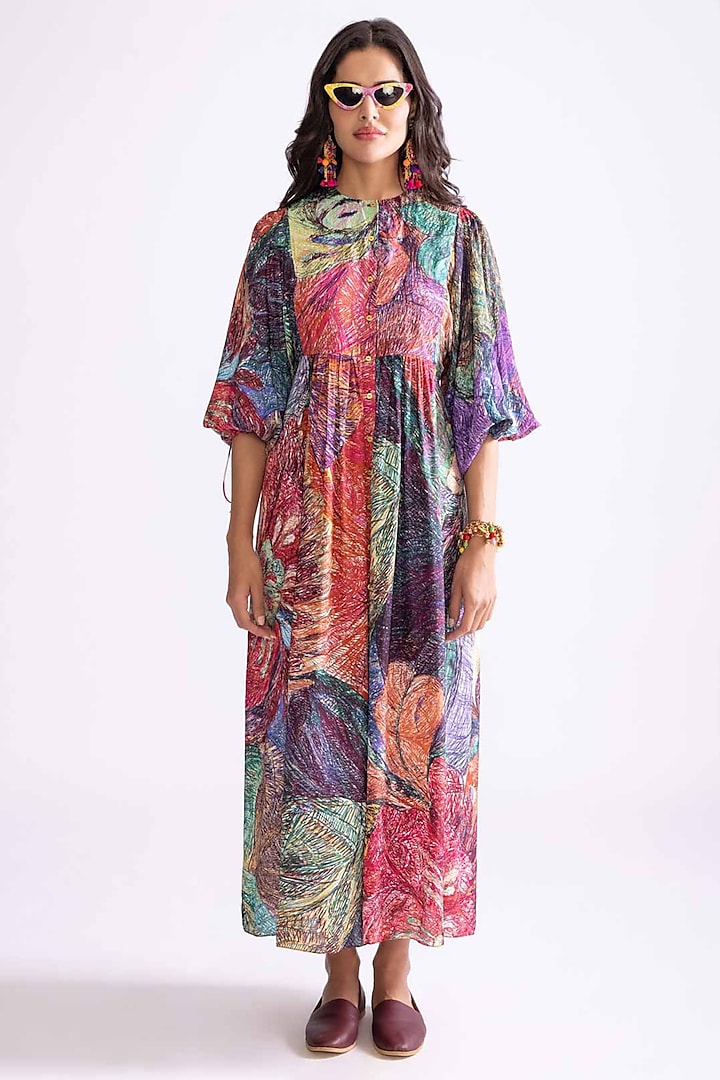 Multi-Colored Habutai Daisy Printed Dress by Saaksha & Kinni