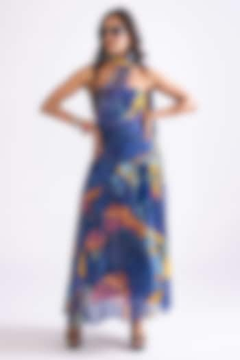 Blue Florence Satin Tribal Printed Hand Micro Pleated Maxi Dress by Saaksha & Kinni