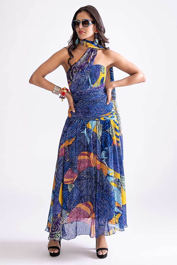 Blue Florence Satin Tribal Printed Hand Micro Pleated Maxi Dress by Saaksha & Kinni