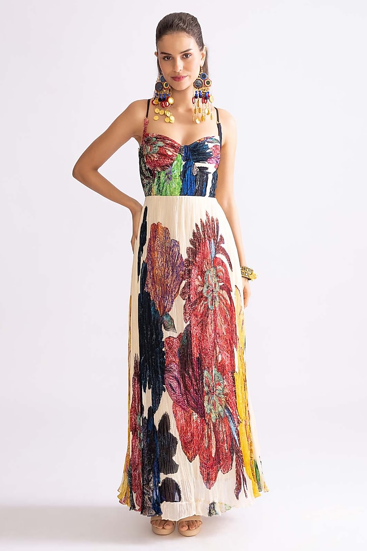 Multi-Colored Chiffon Daisy Printed Hand Micro Pleated Maxi Dress by Saaksha & Kinni