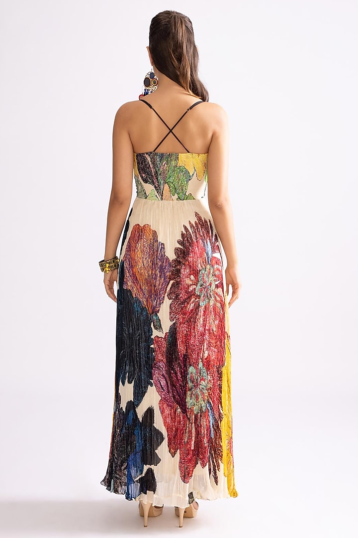 Multi-Colored Chiffon Daisy Printed Hand Micro Pleated Maxi Vacation Dress by Saaksha & Kinni at Pernia's Pop Up Shop