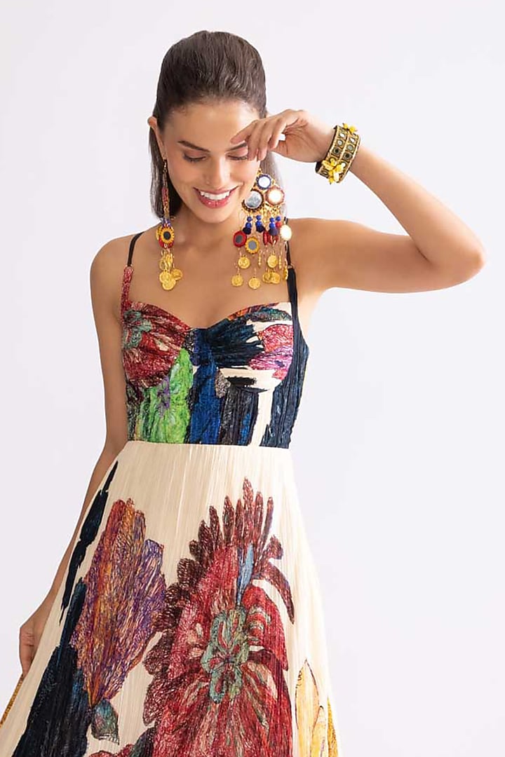 Multi-Colored Chiffon Daisy Printed Hand Micro Pleated Maxi Vacation Dress by Saaksha & Kinni at Pernia's Pop Up Shop
