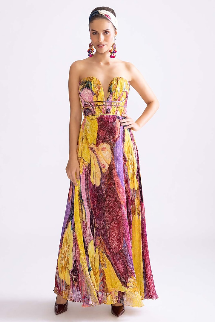 Yellow & Purple Chiffon Daisy Printed Strapless Corset-Style Dress by Saaksha & Kinni at Pernia's Pop Up Shop