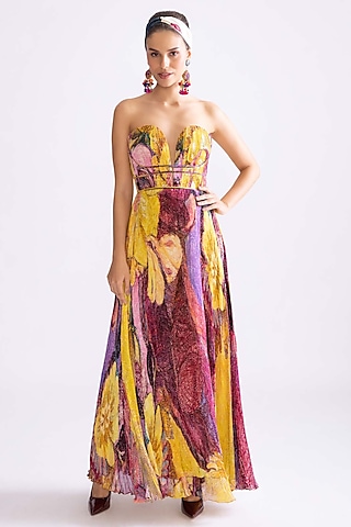 Yellow & Purple Chiffon Daisy Printed Strapless Corset-Style Cocktail Dress  by Saaksha & Kinni at Pernia's Pop Up Shop 2026