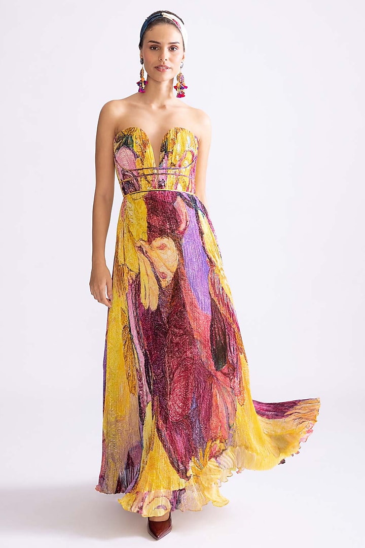 Yellow & Purple Chiffon Daisy Printed Strapless Corset-Style Vacation Dress by Saaksha & Kinni at Pernia's Pop Up Shop