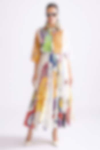 Ivory & Multi-Colored Chanderi Daisy Printed Flared Midi Dress by Saaksha & Kinni at Pernia's Pop Up Shop