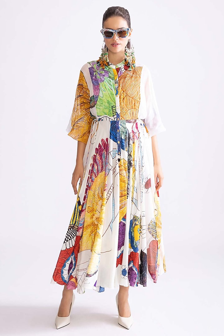 Ivory & Multi-Colored Chanderi Daisy Printed Flared Midi Dress by Saaksha & Kinni at Pernia's Pop Up Shop