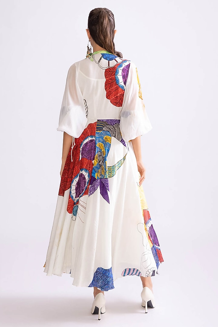 Ivory & Multi-Colored Chanderi Daisy Printed Flared Midi Vacation Dress by Saaksha & Kinni at Pernia's Pop Up Shop