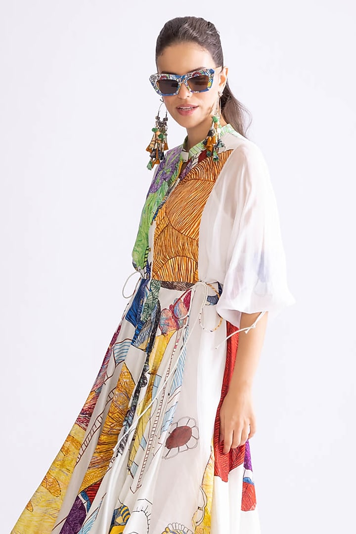 Ivory & Multi-Colored Chanderi Daisy Printed Flared Midi Vacation Dress by Saaksha & Kinni at Pernia's Pop Up Shop