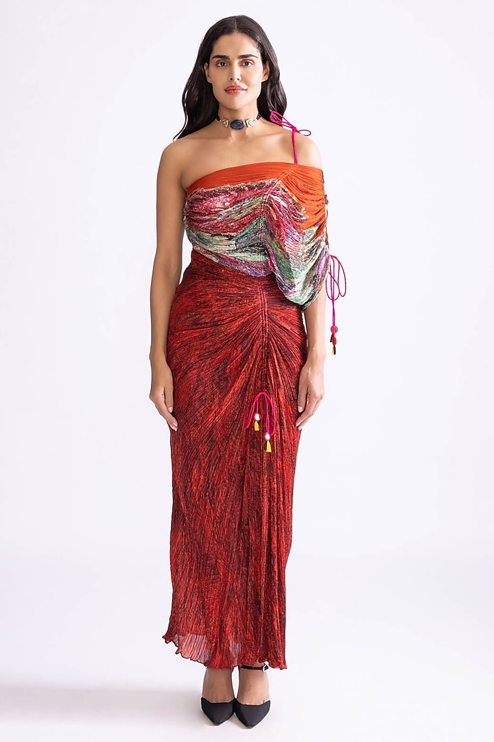 Red Cotton Silk Wave Printed Maxi Dress by Saaksha & Kinni