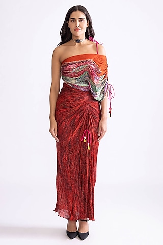Red Cotton Silk Wave Printed Maxi Dress by Saaksha & Kinni