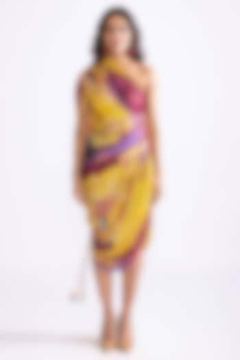 Yellow & Purple Cotton Silk Daisy Printed Hand Micro Pleated One-Shoulder Dress by Saaksha & Kinni at Pernia's Pop Up Shop