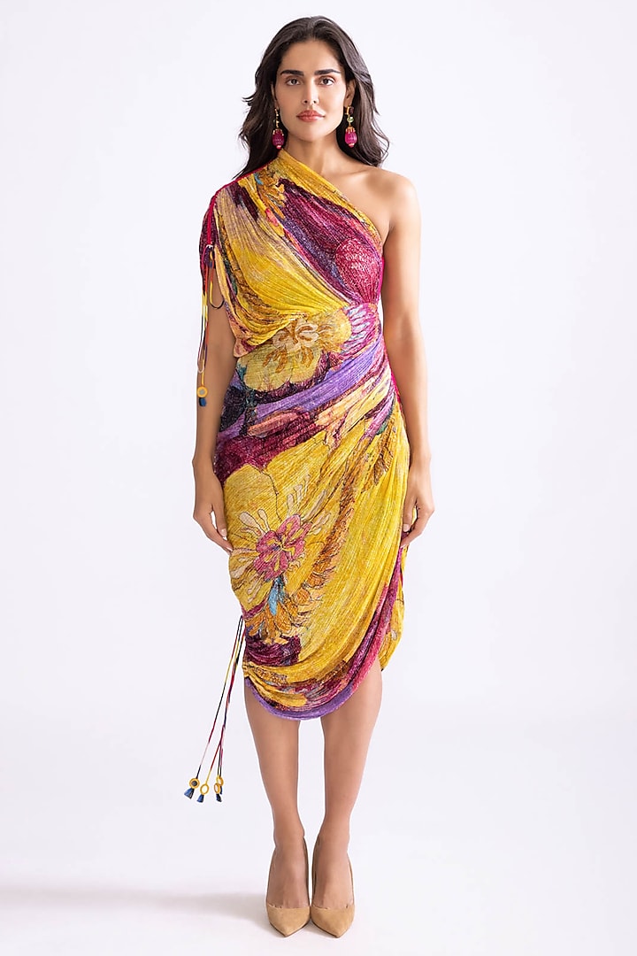 Yellow & Purple Cotton Silk Daisy Printed Hand Micro Pleated One-Shoulder Dress by Saaksha & Kinni at Pernia's Pop Up Shop