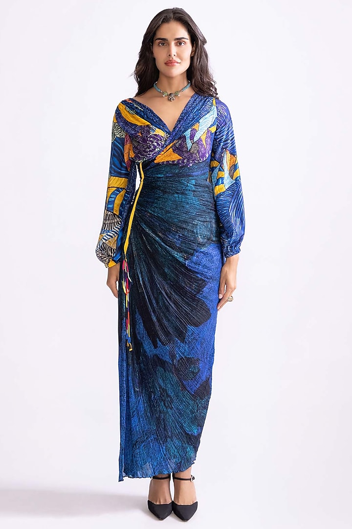 Blue Cotton Silk Daisy Printed Hand Micro Pleated Dress by Saaksha & Kinni