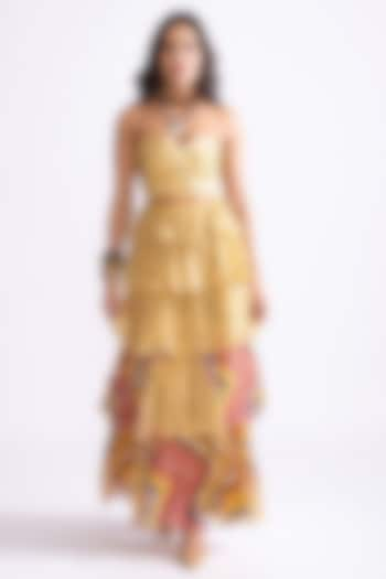 Yellow Chiffon Zig-Zag Printed Layered Frilled Skirt Set by Saaksha & Kinni at Pernia's Pop Up Shop