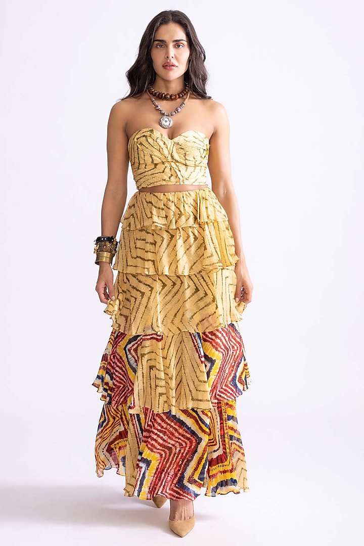 Yellow Chiffon Zig-Zag Printed Layered Frilled Skirt Set by Saaksha & Kinni at Pernia's Pop Up Shop