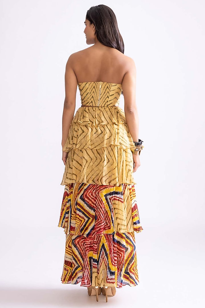 Yellow Chiffon Zig-Zag Printed Layered Frilled Skirt Set by Saaksha & Kinni at Pernia's Pop Up Shop