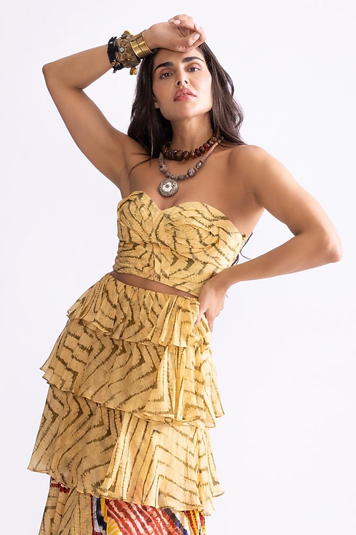 Yellow Chiffon Zig-Zag Printed Layered Frilled Skirt Set by Saaksha & Kinni at Pernia's Pop Up Shop