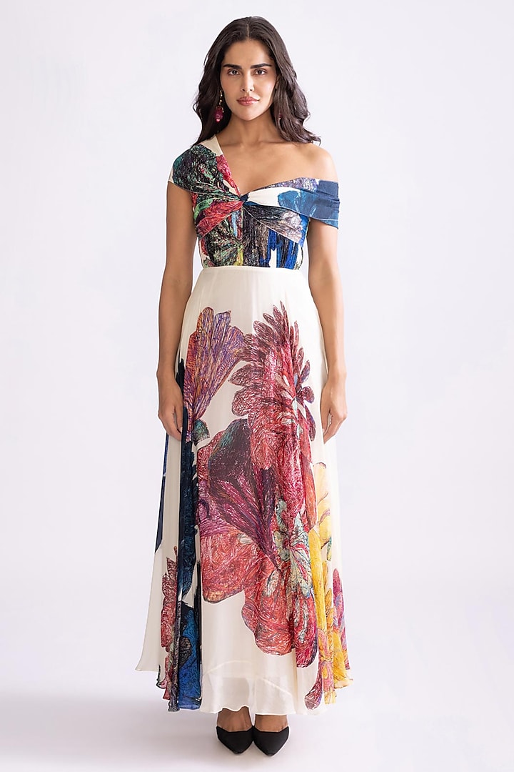 Multi-Colored Chiffon Daisy Printed Off-Shoulder Dress by Saaksha & Kinni