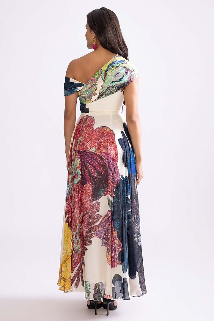 Multi-Colored Chiffon Daisy Printed Off-Shoulder Cocktail Dress by Saaksha & Kinni at Pernia's Pop Up Shop