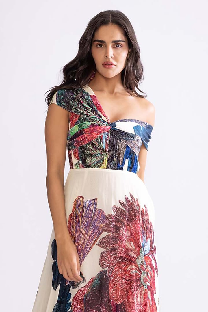 Multi-Colored Chiffon Daisy Printed Off-Shoulder Cocktail Dress by Saaksha & Kinni at Pernia's Pop Up Shop