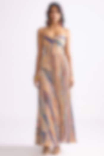 Multi-Colored Chiffon Wave Printed Hand Micro Pleated Maxi Dress by Saaksha & Kinni at Pernia's Pop Up Shop