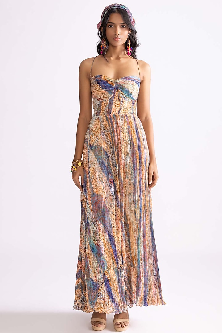 Multi-Colored Chiffon Wave Printed Hand Micro Pleated Maxi Dress by Saaksha & Kinni at Pernia's Pop Up Shop