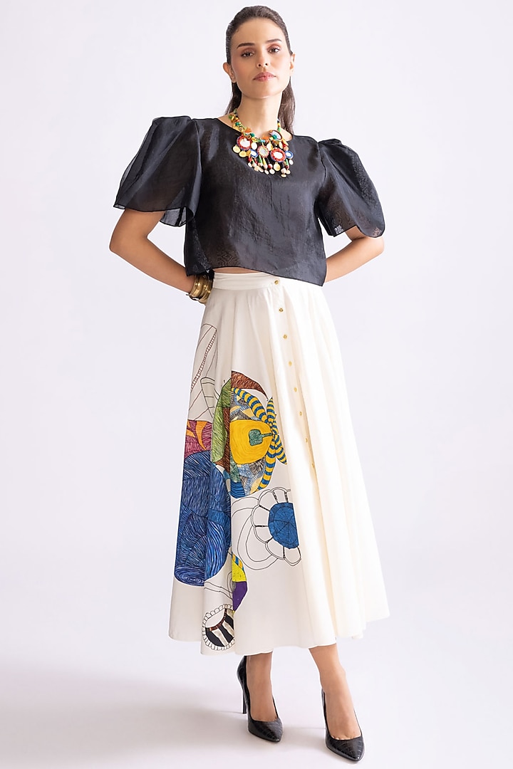 Ivory & Multi-Colored Poplin Tribal Printed Skirt Set by Saaksha & Kinni at Pernia's Pop Up Shop