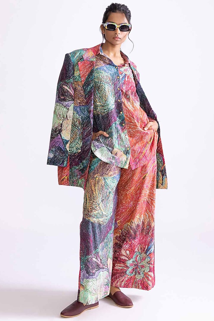 Multi-Colored Mushroom Twill Daisy Printed Blazer Set by Saaksha & Kinni at Pernia's Pop Up Shop